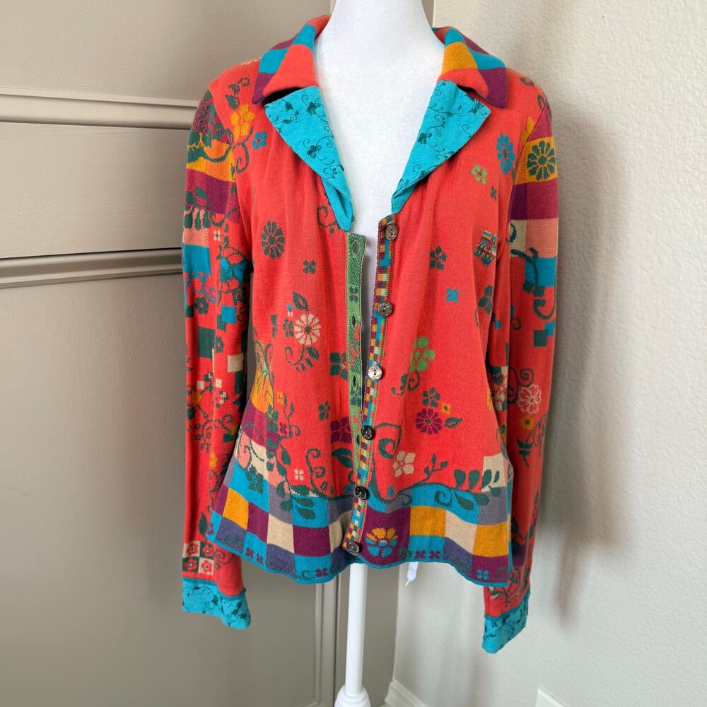 Ivko Woman Coral Floral Patchwork Knit Cardigan Turquoise Lapel Size 42 (L)